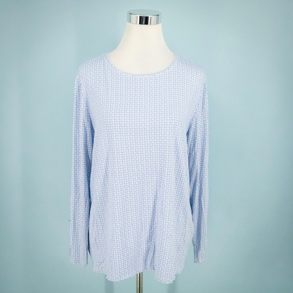 Chico's 2 Size Large L Blue Imperial Geo Print Crew Neck Long Sleeve Top NEW - Picture 1 of 7